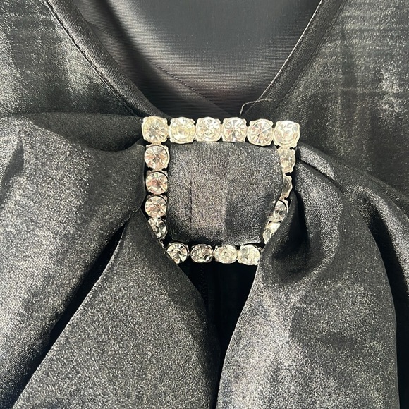 Betsy & Adam Black Mesh V Back Oversized Bow Rhinestone Occasion Party Dress - Picture 15 of 16